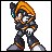 Pixel art character icon with orange hair and blue eye, next to stylized text on black background.