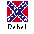 Animated sequence of a Confederate battle flag design transitioning through color variations and pixelated star patterns with 'Rebel' text below each frame.