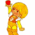 A pixelated cartoon character with blonde hair holding a red object, next to green text on a dark background.
