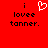 Red background with black text reading 'i lovee tanner.' and a white pixelated heart symbol above the text.