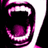 Pixelated close-up of a mouth with sharp teeth and a tongue, featuring pink and white coloration against a black background.