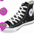 Black high-top sneakers with white laces and rubber soles, featuring a circular blue-and-white logo on the side.