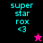 Pixelated text 'super star rox <3' in cyan on black, magenta, and pink backgrounds with a pink star icon on black and black star icon on pink.
