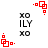 Red square icons with white dots and black text 'XO ILY XO' on white background, animated in a pattern