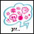 A blue-outlined speech bubble filled with pink symbols including skulls, stars, and flowers contains the text 'grr..' below it.