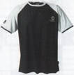 Black and white raglan-style t-shirt with short sleeves, displayed flat against a light background.