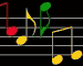 Animated musical notation with colored notes on black and gray backgrounds, featuring red, yellow, green note heads in various positions across multiple staves.