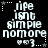 Pixelated white text on black background reads "life isn't simple nomore" with two heart symbols below, surrounded by dotted lines and stars in four quadrants.