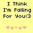 Yellow background with black pixelated text reading "I Think I'm Falling For You<3" and pink heart symbols below.