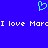 Blue background with a cyan pixelated heart symbol above white pixelated text reading "I love Marci" repeated twice.