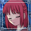 identical anime-style character portraits with red hair and yellow eyes, each framed by a blue border