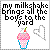 Pixelated image with black text reading 'my milkshake brings all the boys to the yard' above a pink and blue milkshake icon and gray heart outline.