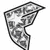 Pixelated grayscale icon of a curved, wing-like shape with internal white star and circular patterns on a plain background.