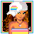 A 4x4 contact sheet of animated frames showing a cartoon character with long brown hair wearing a rainbow striped crop top, blue jeans, and a white cap with a rainbow flag patch, alongside text-based icons displaying "brunette beauty" in pixelated font with colored hearts and dots.
