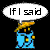 Pixel art character with blue robe and yellow accents, yellow pointed hat, black face, white speech bubbles with text, black background, gray rectangle in bottom-right corner.