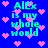 Blue background with green text reading "ALEX is my whole world" and pink pixelated hearts scattered throughout.