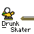 Pixel art animation of a character in yellow shirt and gray pants holding green bottle, performing actions on brown platform with 'Drunk Skater' text below.