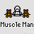 Pixel art animation of a central figure flanked by two smaller figures, with speech bubbles appearing sequentially over time.