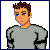 Pixelated character in gray long-sleeve shirt and blue jeans, with brown hair and blue eyes, shown from head to waist across six