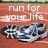 Pixelated image with orange background displaying white text 'run for your life' above a blurred running shoe graphic.