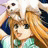 Pixelated static image of two anime-style characters with light brown hair and blue tops, one holding a small dark object near the other's face against a white background.