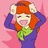 Pixelated character with red hair and ears, wearing a purple outfit and green scarf, hands raised near head against pink background.
