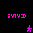 Pixelated pink text 'sytcd' appears in four corners of a black background with three pink stars in the center.
