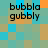 Pixelated text 'bubbla gubbly' appears in four identical quadrants on a of teal, orange, and brown squares