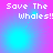 Pixelated text 'Save The Whales!!' on a gradient background with shifting light effects.