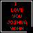 Four identical black square with red pixelated text reading "I LOVE YOU JOSHUA YOHN" and white borders, two featuring a small white heart symbol in the bottom-right corner