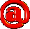 Red 3D @ symbol icon in multiple views showing rotation animation frames with glossy surface and yellow highlights on gray background.