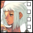 A 48x48 pixel animated buddy icon featuring a character with light blue hair and orange skin on the left, paired with text elements on a black background to the right.