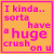 Two side-by-side animated frames of a pixelated buddy icon with orange background and pink border displaying text about having a crush, where the word "huge" changes from pink to black between frames.