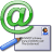 Green @ symbol above a blue pen and gray envelope with pixelated text and a small profile picture.