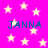 Bright pink background with scattered light yellow stars and four instances of the text "JANNA" in blue pixelated font.