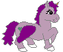 A purple unicorn with a heart on its flank, shown in four sequential poses with winged and non-winged variations and changing eye expressions.