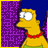 Yellow-skinned cartoon character with blue hair and red necklace against purple pixelated background, static pose.