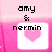 Pixelated pink and white buddy icon with heart symbols, displaying text 'amy & nermin' on left and 'together forever' on right