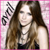 A static image of a person with long brown hair wearing a black top and choker necklace against a pink background with 'Avril' text