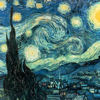 A static image of a swirling night sky with bright yellow stars and a large yellow moon, a dark cypress tree on the left, and a small village below.