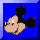A 4-frame contact sheet of a pixelated cartoon character and letters on blue backgrounds, with the top-left frame showing Mickey Mouse's head in profile against solid blue.