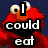 Red character with large eyes and text "I could eat" over dark blue background; brown food item with text "some alphabet soup" on beige surface; white eyes and black mouth shape with text "AND" on blue background.