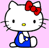 Two identical cartoon cat figures with white fur, red bows, yellow noses, black eyes, and blue overalls sit side-by-side on a pink background.