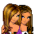Pixel art of two women with long brown hair in purple tops and blue jeans, alongside animated 'sisters' text variants.