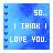 A 4x3 contact sheet of animated frames showing a blue pixelated background with text "50.. I THINK I LOVE YOU." where the word "LOVE" cycles through different shades of cyan and blue across frames.