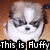 Pixelated dog face with white and gray fur, dark eyes, and a black nose; text overlays read 'This is Puffy' and 'He bites!' in red and white.