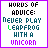 nine pixelated text with purple borders, each displaying 'WORDS OF ADVICE: NEVER PLAY LEAPFROG WITH A UNICORN' in varying color schemes and partial lettering
