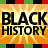 Animated graphic with orange sunburst background, black text reading 'BLACK HISTORY' and 'Celebrate', red-green-black striped border.