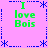 Pixelated icon with pink background, blue dotted borders, and four identical green text blocks reading 'I love Bois' arranged in a pattern