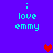 Pixelated text 'i love emmy' in cyan on purple background with red and purple heart icons appearing and disappearing.